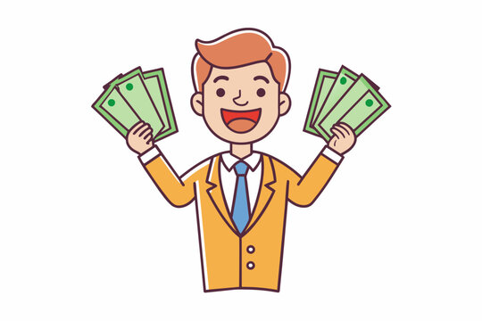 joyful man with banknotes of money in his hands vector illustration