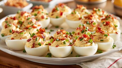 Homemade deviled eggs garnished with chopped chives and bacon - obrazy, fototapety, plakaty