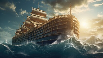 Ship battling giant waves in a stormy sea. - obrazy, fototapety, plakaty