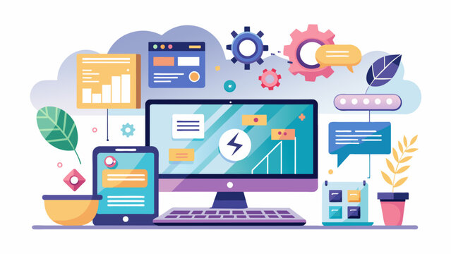 Software, web development, programming concept. Abstract Programming language and program code on screen laptop. Laptop and icons company network. Technology process of Software development. Vector 
