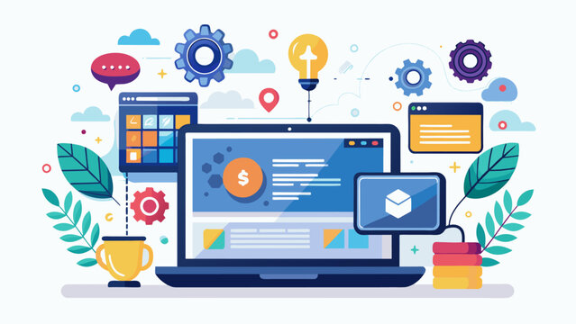 Software, web development, programming concept. Abstract Programming language and program code on screen laptop. Laptop and icons company network. Technology process of Software development. Vector 