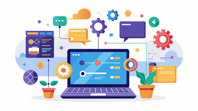 Software, web development, programming concept. Abstract Programming language and program code on screen laptop. Laptop and icons company network. Technology process of Software development. Vector 