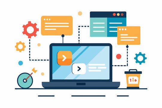 Software, web development, programming concept. Abstract Programming language and program code on screen laptop. Laptop and icons company network. Technology process of Software development. Vector 