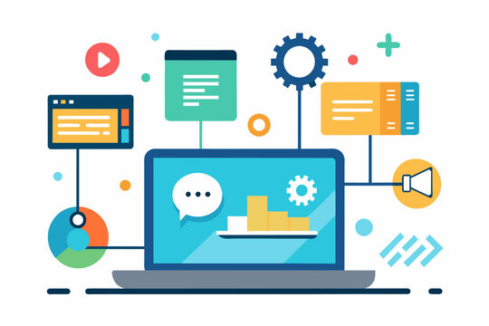 Software, web development, programming concept. Abstract Programming language and program code on screen laptop. Laptop and icons company network. Technology process of Software development. Vector 