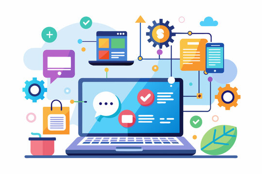 Software, web development, programming concept. Abstract Programming language and program code on screen laptop. Laptop and icons company network. Technology process of Software development. Vector 