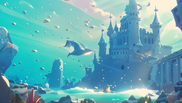 Cartoon underwater ocean or ocean view with castle