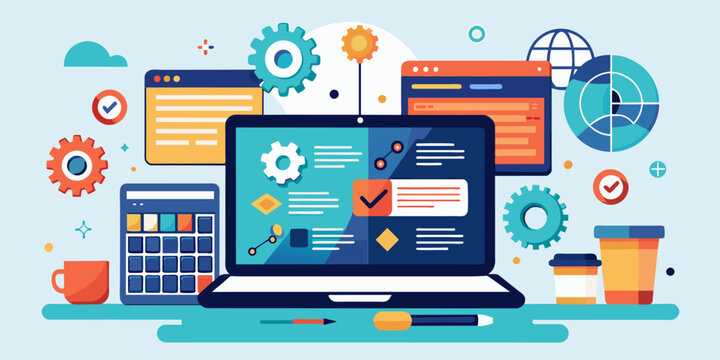 Software, web development, programming concept. Abstract Programming language and program code on screen laptop. Laptop and icons company network. Technology process of Software development. Vector 