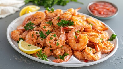 Fried shrimps with lemon and parsley on a plate