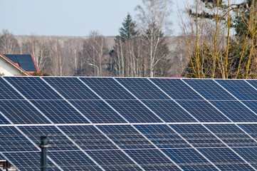 solar panels in a field against a background of green forest and blue sky