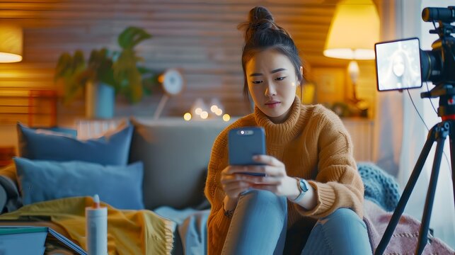 Young woman records a lifestyle vlog in cozy home setting - modern influencer culture captured on camera. Content creation process displayed, highlighting digital age communication. AI