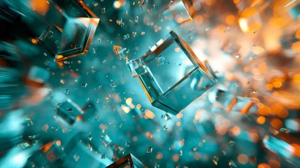 Fotobehang Bunte fliegende leuchtende Glas Würfel explodieren als Hintergundmotiv im Querformat für Banner, ai generativ © www.freund-foto.de