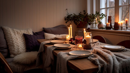 Candles and textiles create coziness in a Scandinavian dining room