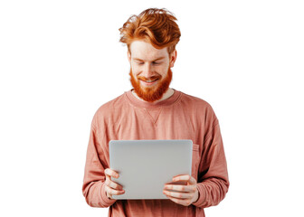 Redhead Man Smiling Using Tablet
