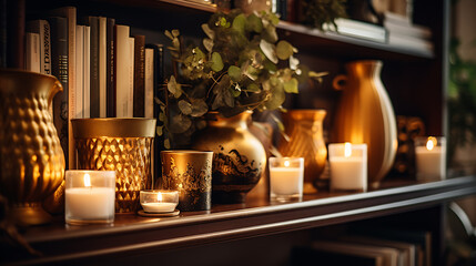 Candles and vintage accessories on the shelf in the living room. In the style of hygge