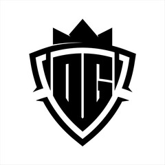 DG Letter bold monogram triangle curve shield shape with crown black and white background color design