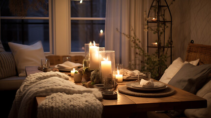 Candles and textiles create coziness in a Scandinavian dining room