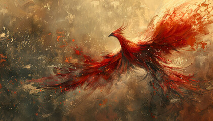 A red bird with its wings spread out in the air by AI generated image