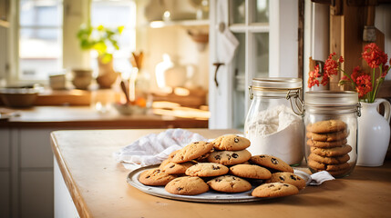 Baking homemade cookies in a bright Scandinavian kitchen - obrazy, fototapety, plakaty
