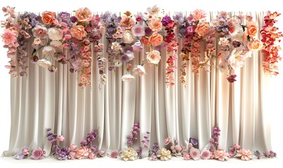A stage with a curtain that says flowers on it. Theatrical Curtain with Floral Design. 
Spring Stage Decoration with Flowers - obrazy, fototapety, plakaty