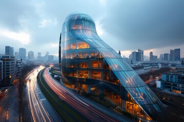 An aerial view of a futuristic building with automotive lighting in the middle of a cityscape, surrounded by city roads and tracks at dusk, against a backdrop of cloudy skies - Powered by Adobe