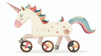 Toy wooden unicorn on wheels isolated on white backgro