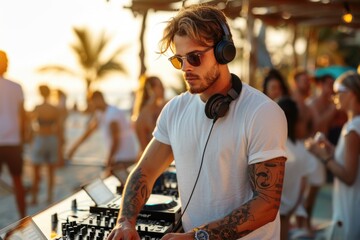 A DJ playing music on the beach party.