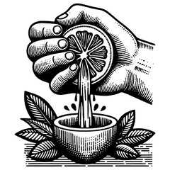  hand squeezing juice from a lemon into a small bowl, with leaves in the background sketch engraving generative ai PNG illustration. Scratch board imitation. Black and white image. - obrazy, fototapety, plakaty