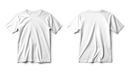 Blank white t-shirts with front and back views. Ideal for branding, plain tees for advertising designs. Perfect canvas for your creativity. AI