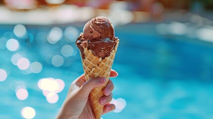 Girl s hand holding chocolate ice cream in waffle cone by pool, summer sweetness