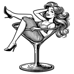 smiling pin up girl in martini glass, reminiscent of classic 1950s style sketch engraving generative ai fictional character PNG illustration. Scratch board imitation. Black and white image.