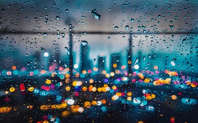 Abstract city lights behind raindrops on a window. The rainy night cityscape is blurred with a kaleidoscope of colors. The city skyline is visible through the raindrops.