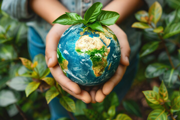 Hands holding a blue Earth globe, symbolic eco gesture for environmental protection, human responsibility for nature conservation, planet care and sustainable development