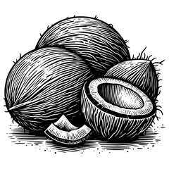 Coconut whole and sliced, a tropical fruit staple sketch engraving generative ai PNG illustration. Scratch board imitation. Black and white image.