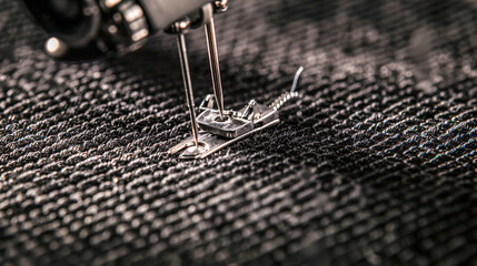 Macro shot of a sewing machine needle piercing through black fabric.