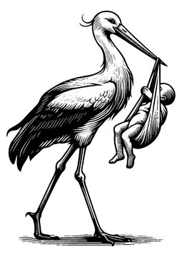 recommend clip art: stork carrying a newborn baby, depicting the classic myth of stork delivery sketch engraving generative ai fictional character PNG illustration. Scratch board imitation. Black and white image.