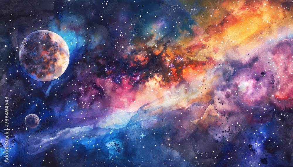 Canvas Prints a painting of a colorful galaxy with a large planet in the center by ai generated image