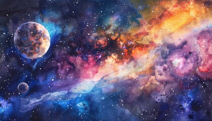 Obraz premium A painting of a colorful galaxy with a large planet in the center by AI generated image