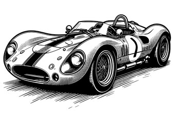 classic race car, capturing the speed and elegance of historic motorsports sketch engraving generative ai PNG illustration. Scratch board imitation. Black and white image. - obrazy, fototapety, plakaty