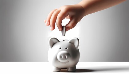 child’s hand dropping a coin into a white piggy bank with a smiling face Concept of cultivate learning of saving for financial wellness 