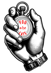 stopwatch with You are late text, emphasizing the importance of time sketch engraving generative ai fictional character PNG illustration. Scratch board imitation. Black and white image. - obrazy, fototapety, plakaty