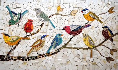 A mosaic of birds with blue and orange feathers on the face. Colorful Avian Mosaic: Blue and Orange Feathered Birds