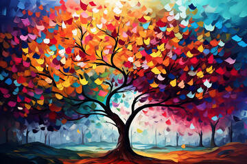 Elegant colorful tree with vibrant leaves hanging branches. Bright color 3d abstraction wallpaper for interior mural painting wall