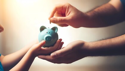father’s hand giving a piggy bank to his son for Child learning financial responsibility Concept of financial education and savings