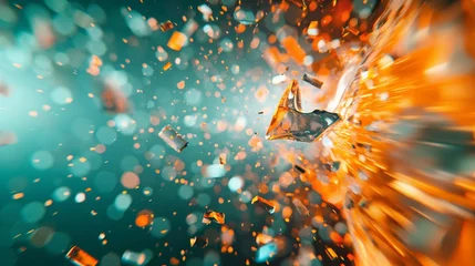 Fotobehang Bunte fliegende leuchtende Glas Teile explodieren als Hintergundmotiv im Querformat für Banner, ai generativ © www.freund-foto.de