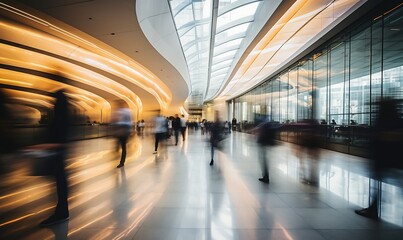 Long exposure shot of crowd of business people walking in the lobby of a modern office building