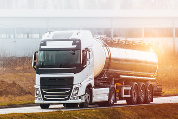 Oil and Gas Transportation and Logistics. Metal chrome cistern tanker with petrochemical products.