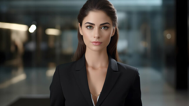 Experience the epitome of professionalism with a glimpse of a young and successful businesswoman, radiating confidence and authority as she looks directly at the camera, portrayed with unparalleled