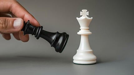 Hand holding a fallen black king in a chess game facing a white queen. Strategy, competition, and victory concepts captured in a minimalist style. AI