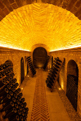 Stored wine bottles, wine cella, Canale, Piedmont, Italy - 786495785