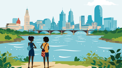 Two girls seeing the sights around columbus ohio together - obrazy, fototapety, plakaty